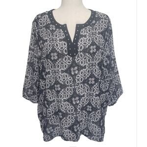 Cathy Daniels 3X Geometric Rhinestone Blouse Black White Plus Size Top